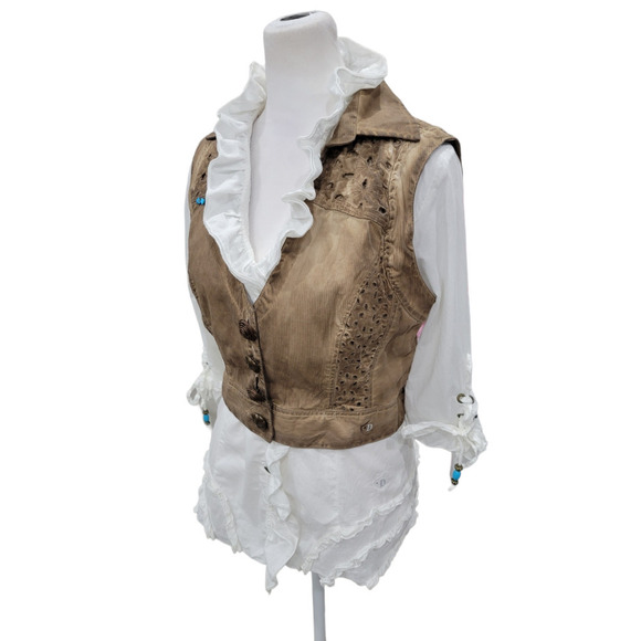 Dismero Italian Ruffle Blouse and Distressed Vest With Turquoise Accents SMALL - Picture 2 of 16